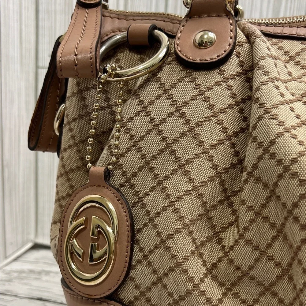 Gucci Beige Canvas Satchel Leather Trim Handbag